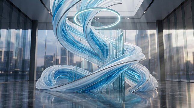 Abstract blue and white flowing sculpture in a modern atrium, with city skyline visible through large windows, reflecting on a polished floor, and a circular light fixture above.