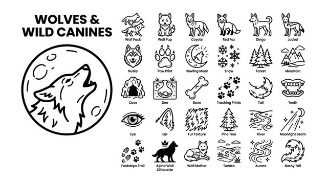 Wolves and Wild Canines Icons: A comprehensive collection of line art icons representing wolves and other wild canines, featuring elements like howling wolves, paw prints, full moon.