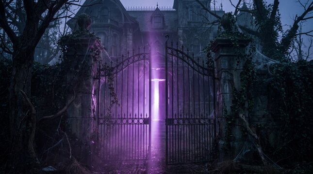 Mysterious Glowing Haunted Mansion Gate at Night
