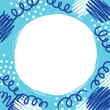 Hand drawn circular vector frame with blue painterly brush strokes, sketched spiral loops, crosshatch scribbles and a large blank center copy space for creative designs and labels