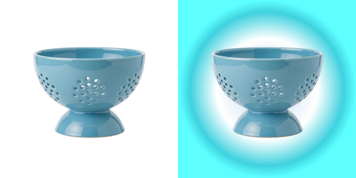 Blue ceramic colander kitchen tool isolated on transparent background