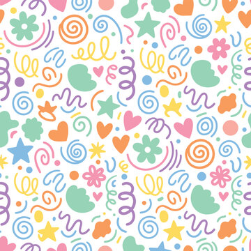 Cute seamless pastel vector pattern filled with hand drawn flowers, hearts, stars, rainbows, clouds, spirals and playful doodle shapes on a white background