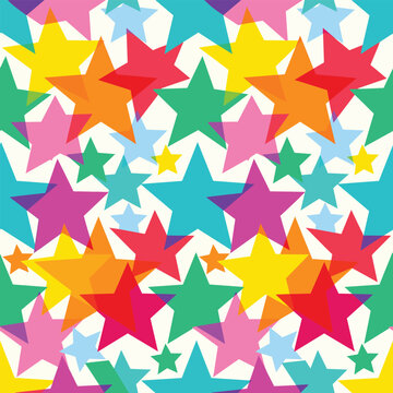 Bright seamless vector pattern of colorful five pointed stars in red, yellow, blue, green, pink and orange, layered across a vibrant geometric background for playful designs