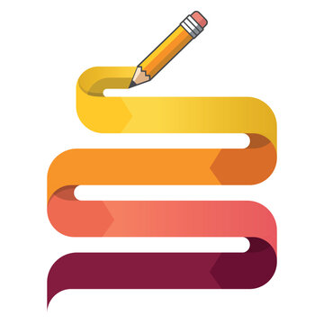 Colorful abstract vector pencil illustration forming layered horizontal ribbon strokes in yellow, orange, coral and burgundy, creating a modern flowing education and design symbol