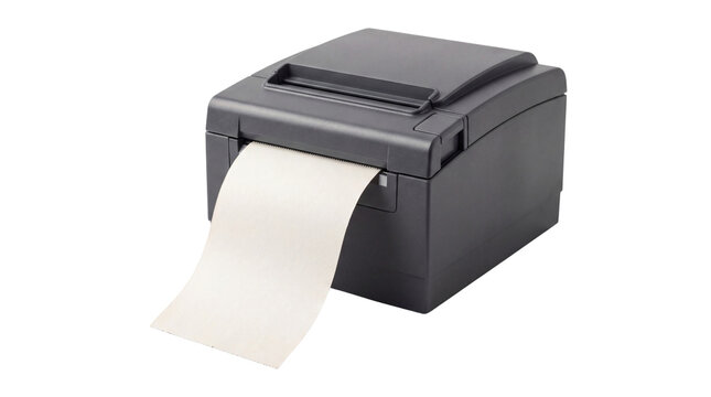 Compact thermal receipt printer, digital POS barcode printer, black office label printing machine for logistics and retail business isolated PNG with Transparent Background