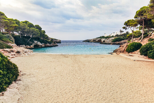 Sandy Cala Esmeralda beach in Cala d'Or, Mallorca, Spain.
