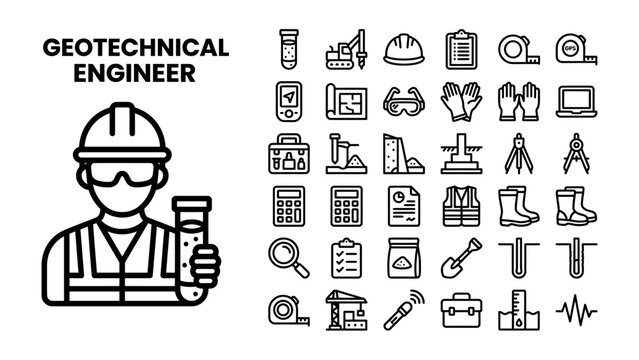 Geotechnical Engineer and Tools: A geotechnical engineer, wearing a hard hat and safety vest, holds a test tube filled with liquid, surrounded by a collection of engineering tools and equipment icons.