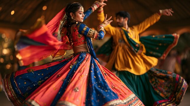 Couple dancing traditional indian folk dance in vibrant ethnic attire during a festive celebration