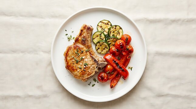 Grilled pork chop served with roasted zucchini and cherry tomatoes on a round white ceramic dinner plate. chuleta de cerdo