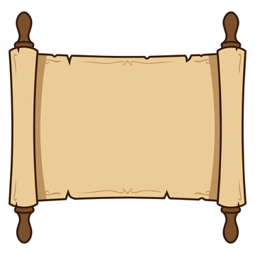 Vintage parchment scroll vector illustration with aged cream paper, wooden rollers and blank center, creating an antique manuscript banner for historical, fantasy and decorative designs
