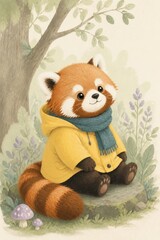 Obraz premium Cute red panda in yellow coat and scarf sitting in forest
