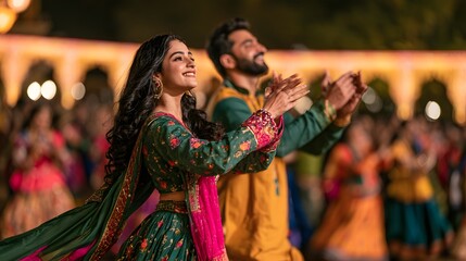 Fototapeta premium Indian couple clapping and dancing together during a vibrant cultural festival celebration