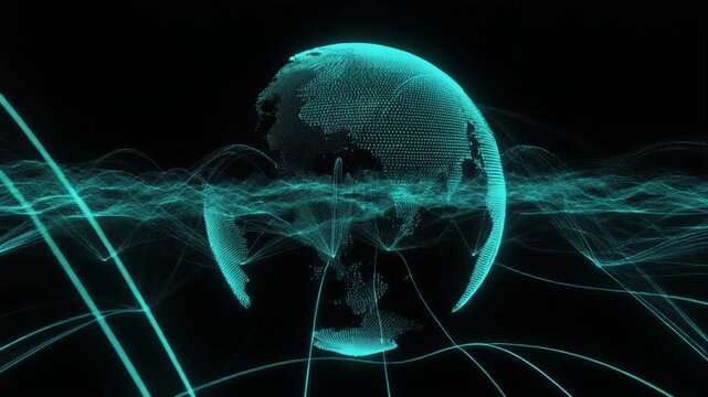 Rotating digital globe expanding in waves