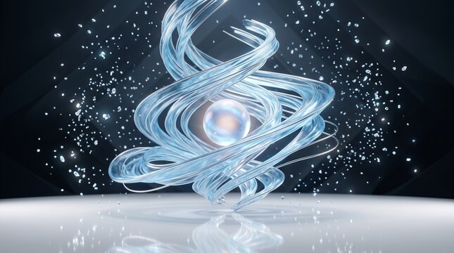 Abstract 3D Art featuring a luminous glowing white pearl suspended in a dynamic swirl of translucent crystalline glass ribbons set against a sparkling dark background with reflective foreground