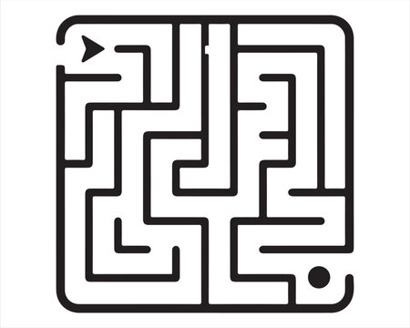 Square maze icon with starting arrow and finishing point dot problem solving black and white maze design brain teaser maze path maze structure labyrinth solution strategy complexity