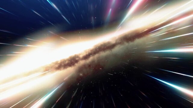 Flying Through Space at Light Speed Toward Glowing Spiral Galaxy, Hyperspace Jump Cosmic Journey.