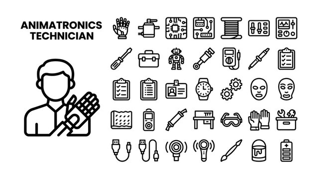 Animatronics Technician Icons: A collection of outline icons representing the tools, equipment, and components used by an animatronics technician in their work.