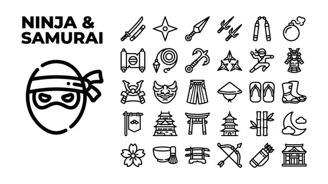 Ninja and Samurai Icon Set: A collection of line art icons depicting various elements associated with ninjas and samurai, including weapons, armor, traditional Japanese structures, and symbols.