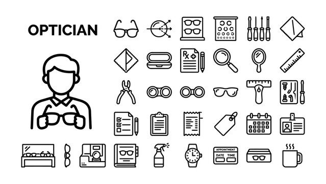 Optician Tool Kit and Eye Care Icons: A comprehensive collection of line icons representing optician services and tools, including an optician figure, eyeglasses, magnifying glass.