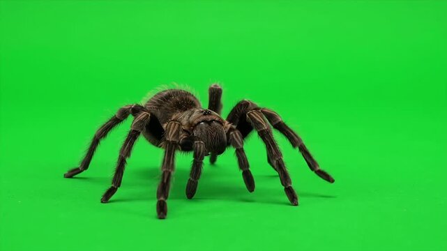 Big tarantula spider walking on solid green background chroma key
