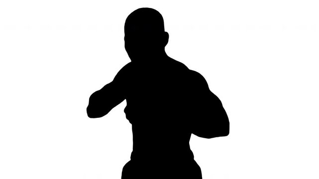 Black silhouette of boxer man on white background. Black and white medium shot of a sport concept. Alpha matte and isolated.
