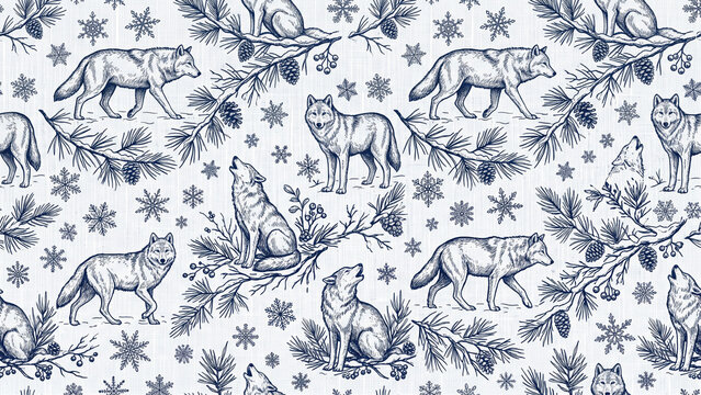 Hand-drawn seamless pattern with wolves, pine branches, and snowflakes in navy blue on white, winter toile style design.
