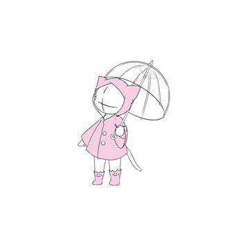cute cat in raincoat vector illustration isolated on white background with pink umbrella for kids and commercial design