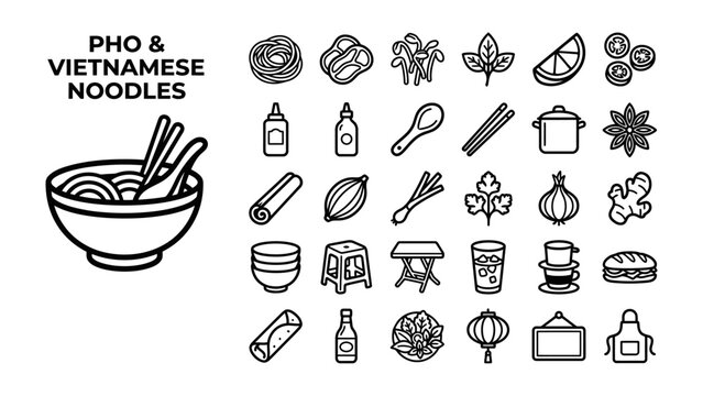 Pho and Vietnamese Noodles Icons: A collection of black and white line art icons representing ingredients, dishes, and elements related to pho and Vietnamese noodles.