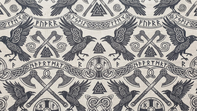 Seamless pattern with Viking ravens, crossed battle axes, shields, and Norse runes in navy blue on cream fabric, Nordic mythology design.

