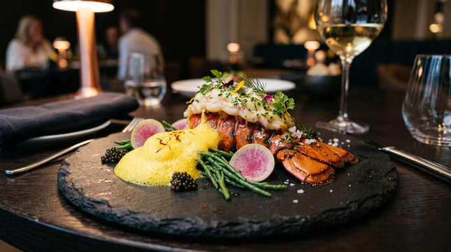 Poached lobster tail confit with saffron foam, sea asparagus, and caviar pearls on dark slate plate in luxury restaurant.