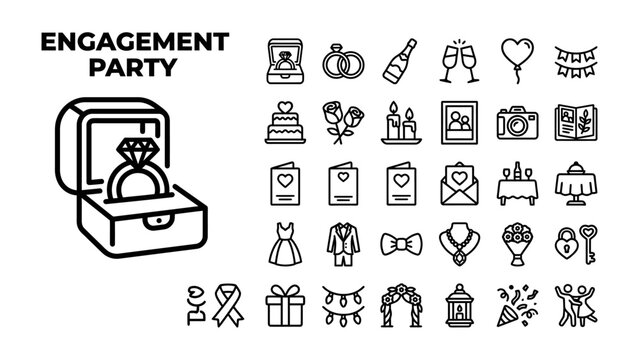 Engagement Party Icons: A comprehensive collection of outline icons representing various elements of an engagement party, including rings, champagne, cake, and attire.