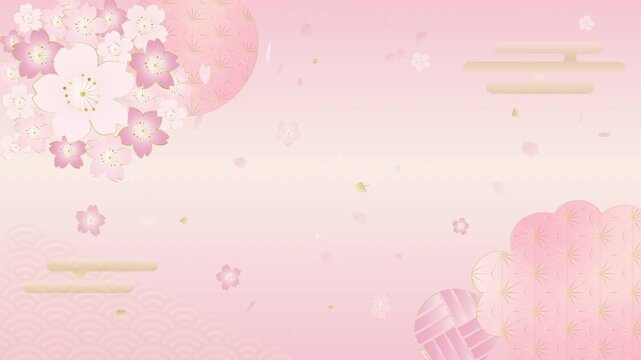 Seamless loop animation of falling cherry petals and rotating traditional Japanese patterns on a pink background, elegant spring design.