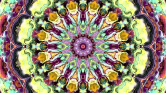 Psychedelic kaleidoscope patterns blend traditional ethnic abstract art with colorful swirling motion, creating vibrant background for music festivals.