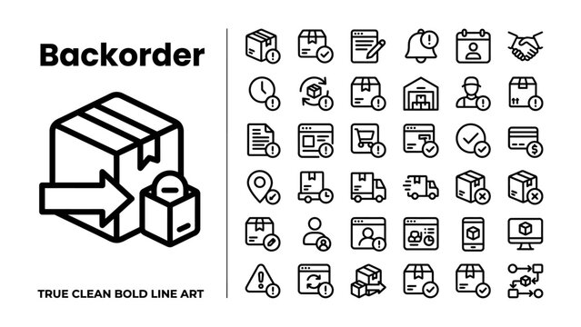 Backorder Icons Set: A comprehensive collection of clean, bold line art icons illustrating various aspects of backorder processes and logistics, perfect for e-commerce and supply chain visualization.