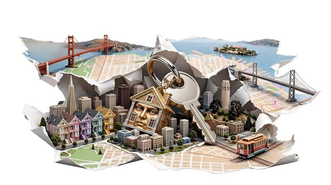 Torn paper collage of city skyline with house keychain and door key resting on urban map in bright studio lighting