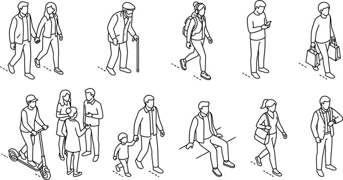 Set of isometric people walking, standing, and sitting in various daily activities