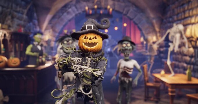 Funny scarecrow with pumpkin head and skeleton body and spooky zombies dancing at Halloween party in a gothic dungeon pub, 3D animation