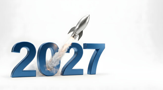 Blue 2027 numbers with silver rocket launching for new year and futuristic concept.