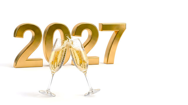 Golden 3d numbers 2027 and two champagne glasses clinking together for new year celebration toast.