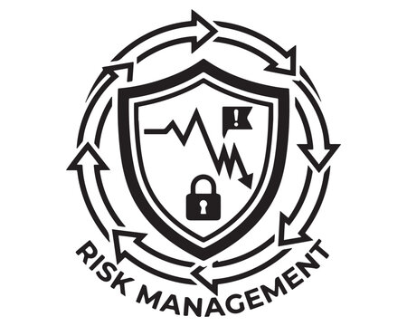 Risk management concept symbol with shield lock and downward trend arrow business risk lock icon data security financial risk business safety corporate security strategic planning circular arr