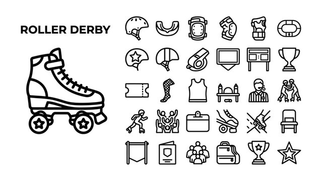 Roller Derby Icon Set: A comprehensive collection of linear icons representing the dynamic sport of roller derby, including skates, helmets, trophies, and team-related elements.