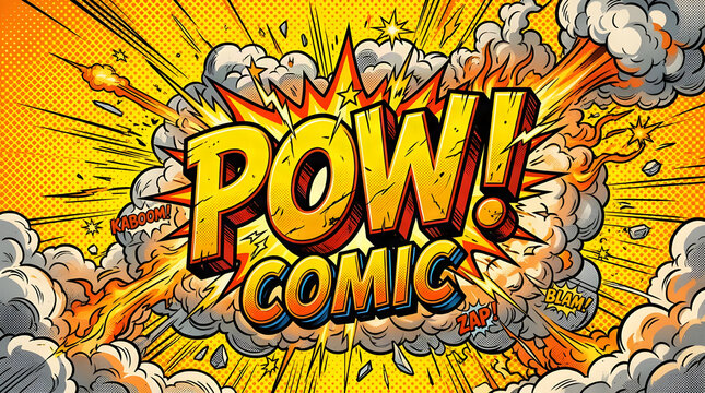 Comic book style explosion with pow comic text and halftone pattern explosion effect graphic design pop art