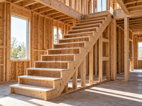 Unfinished timber stair stringer framing inside new residential build