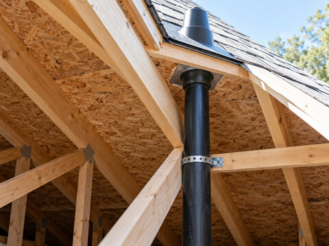 Plumbing vent pipe passing through roof framing in unfinished attic