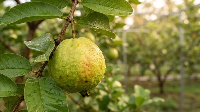 Fresh green guava hanging on a tree branch in an orchard