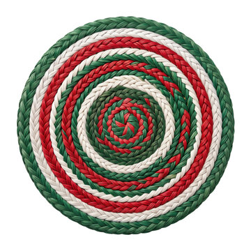 Christmas woven straw coaster with red green and white braided pattern