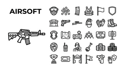 Obraz premium Airsoft Icons Set: A comprehensive collection of line art icons representing various elements of airsoft, including weapons, gear, and gameplay accessories.