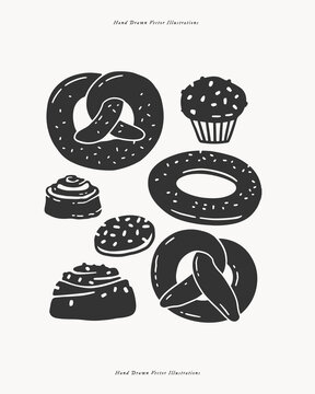 Pretzels, bagel, muffin, cinnamon rolls and cookie collection. Black and white hand drawn vector illustration. Bakery, pastry and snack concept. Design for poster, banner, print, card