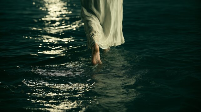 Jesus walks on water at night, showing faith and power over the sea