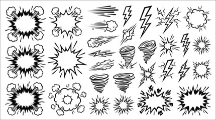 Set of hand-drawn comic book explosion effects and lightning symbols © MdAzharul